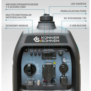 Könner & Söhnen Benzin-Inverter KS2100i S, 3,3PS, 2kW, 230V, 4-Takt-Benzinmotor, Handanlasser