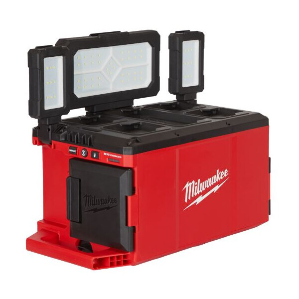 QQ MILWAUKEE M18POALC-0 Akku-Packout-Leuchte 18V, 3000lm, drei schwenkbare Lichtköpfe, 9 Modi, Schutzklasse IP 54, Sologerät