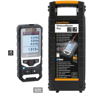 Laserliner Entfernungsmesser Distance-Master Plus 100, Messbereich innen 0,1 bis 100m, rote Lasertechnologie, Flächen- und Volumenfunktion, Farbdisplay, eingebauter Akku, Bluetooth im Hartkoffer